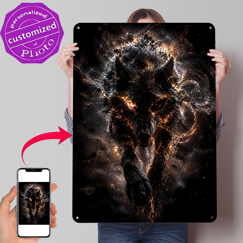 Retro Poster Gaming - Fiery Wolf in Cosmic Nebula Tinplate