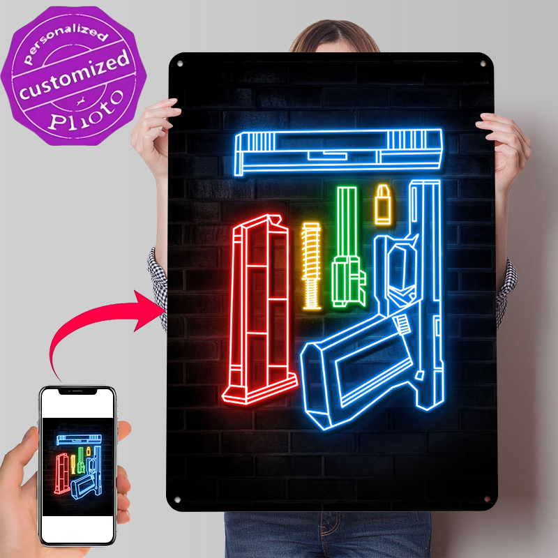 HANDGUN NEON ART Metal Poster  - Retro Poster Gaming review and price