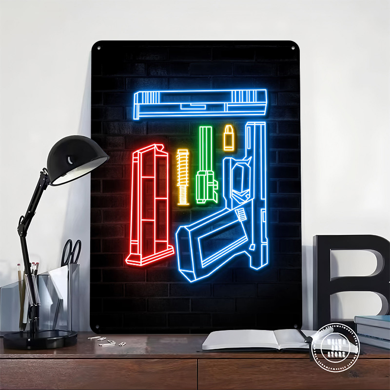 HANDGUN NEON ART Metal Poster  - Retro Poster Gaming review and price