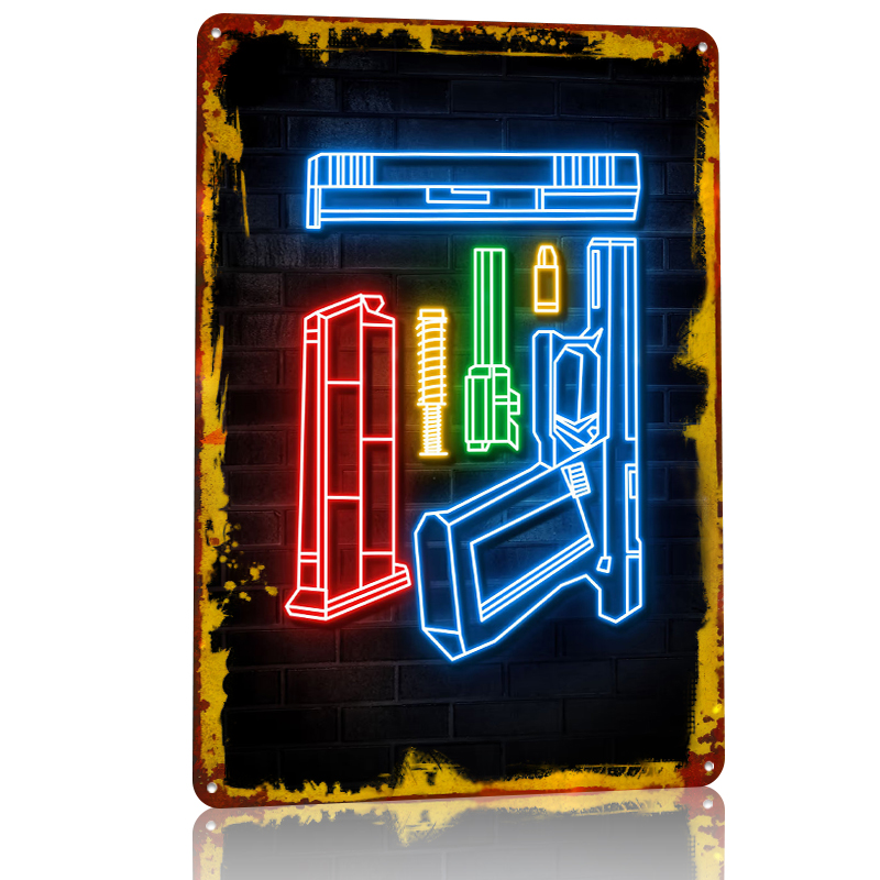HANDGUN NEON ART Metal Poster  - Retro Poster Gaming review and price