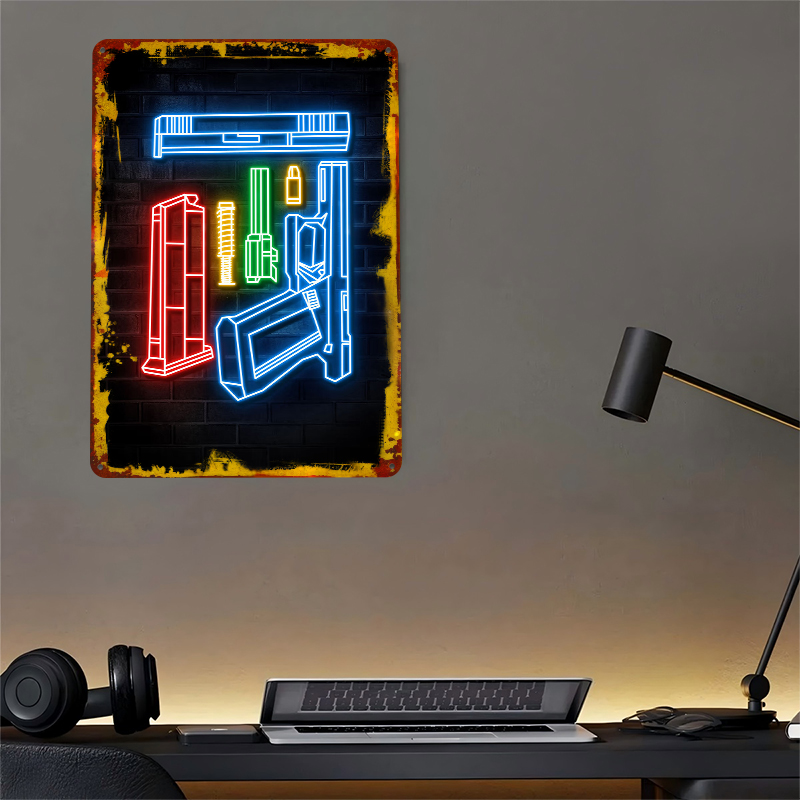 HANDGUN NEON ART Metal Poster  - Retro Poster Gaming review and price